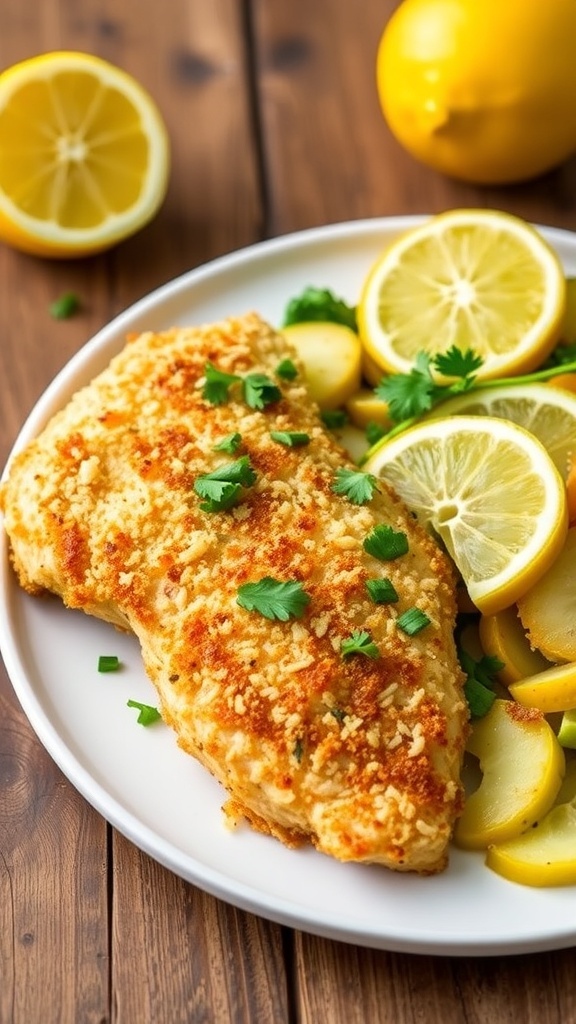 Lemon Parmesan Chicken Recipe Lemon Parmesan Chicken with crispy crust, garnished with lemon wedges and parsley, on a rustic wooden table.